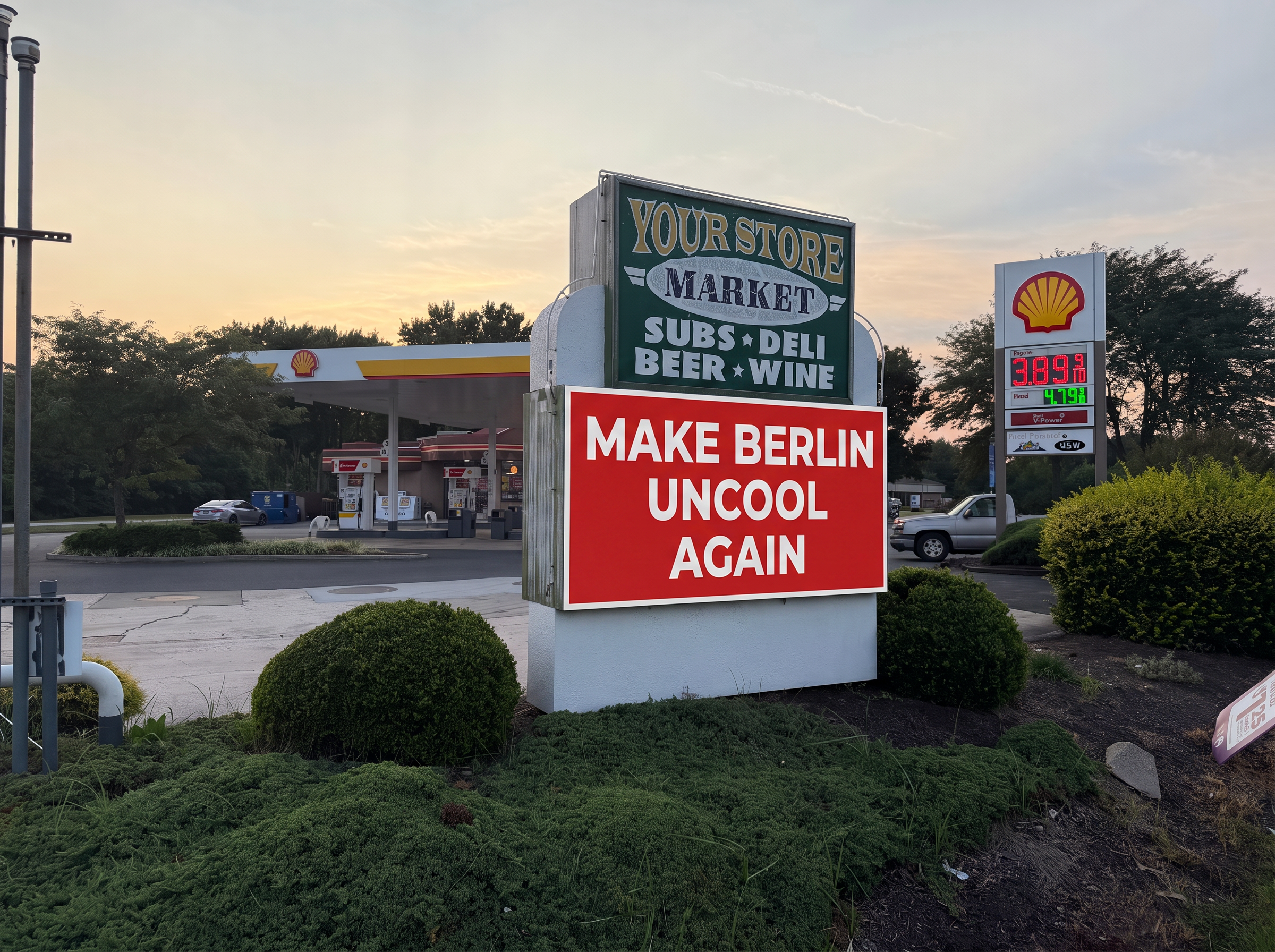 The Your Store electronic sign at the intersection, reprogrammed to read MAKE BERLIN UNCOOL AGAIN in white on red