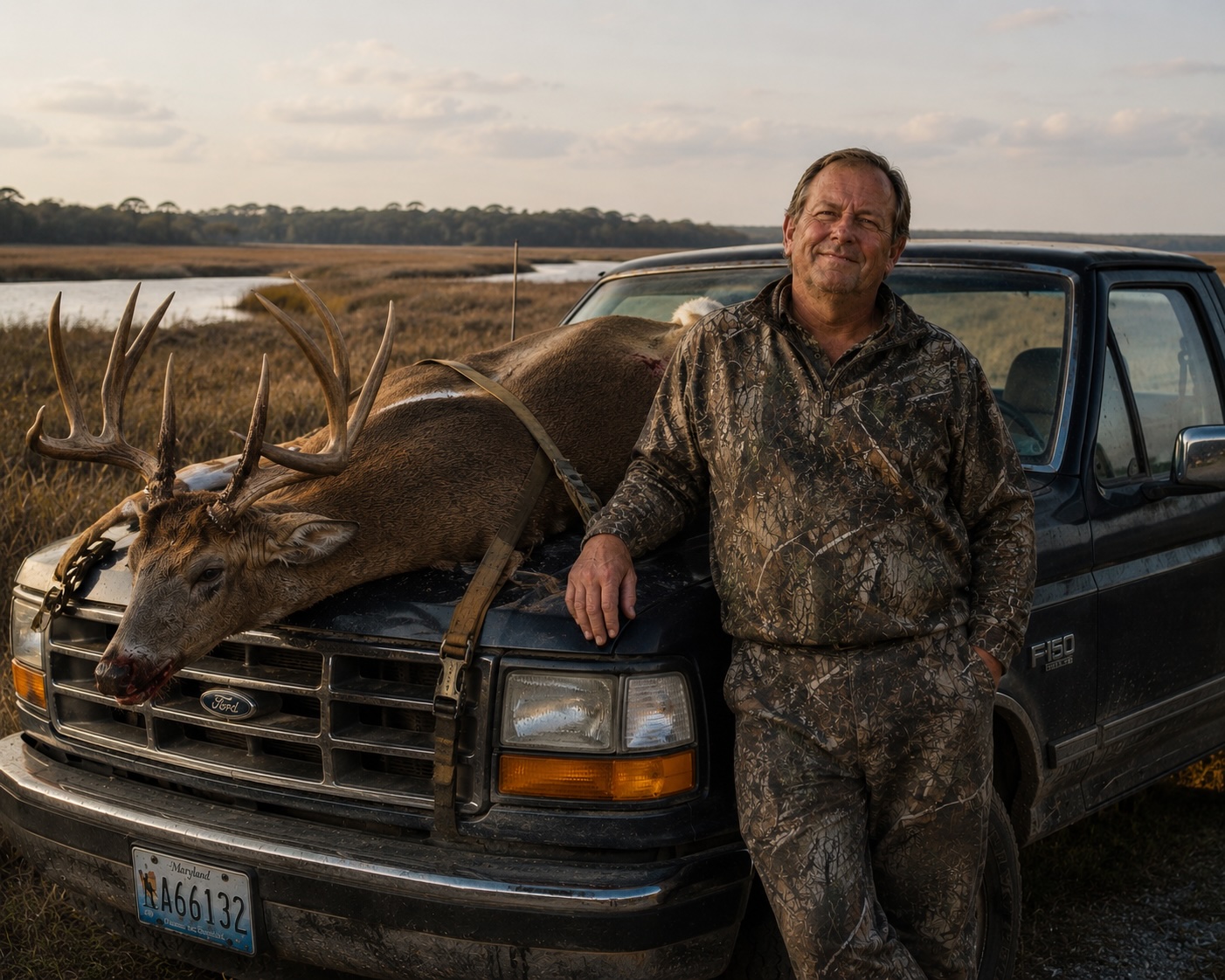 Purnell B. Jarvis, Jr. leaning against his Ford F-150 with a legally harvested buck strapped to the hood, marsh at golden hour behind him