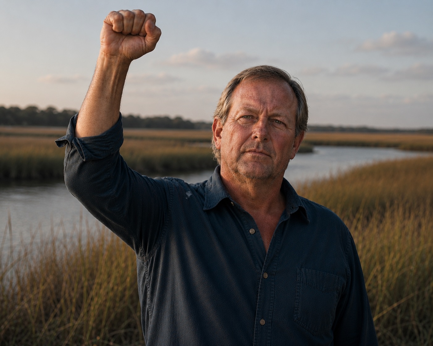 Purnell B. Jarvis, Jr. raising a defiant fist at sunset over the marsh