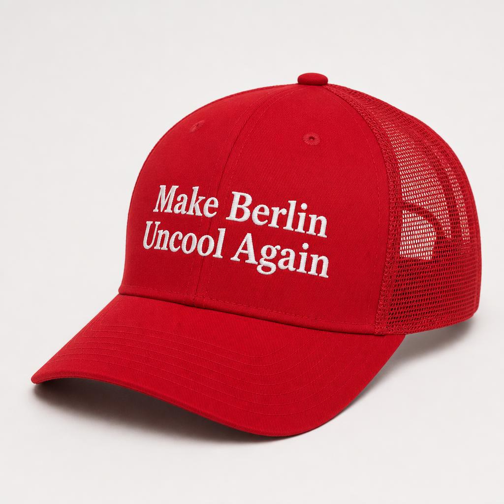 Red ball cap reading Make Berlin Uncool Again