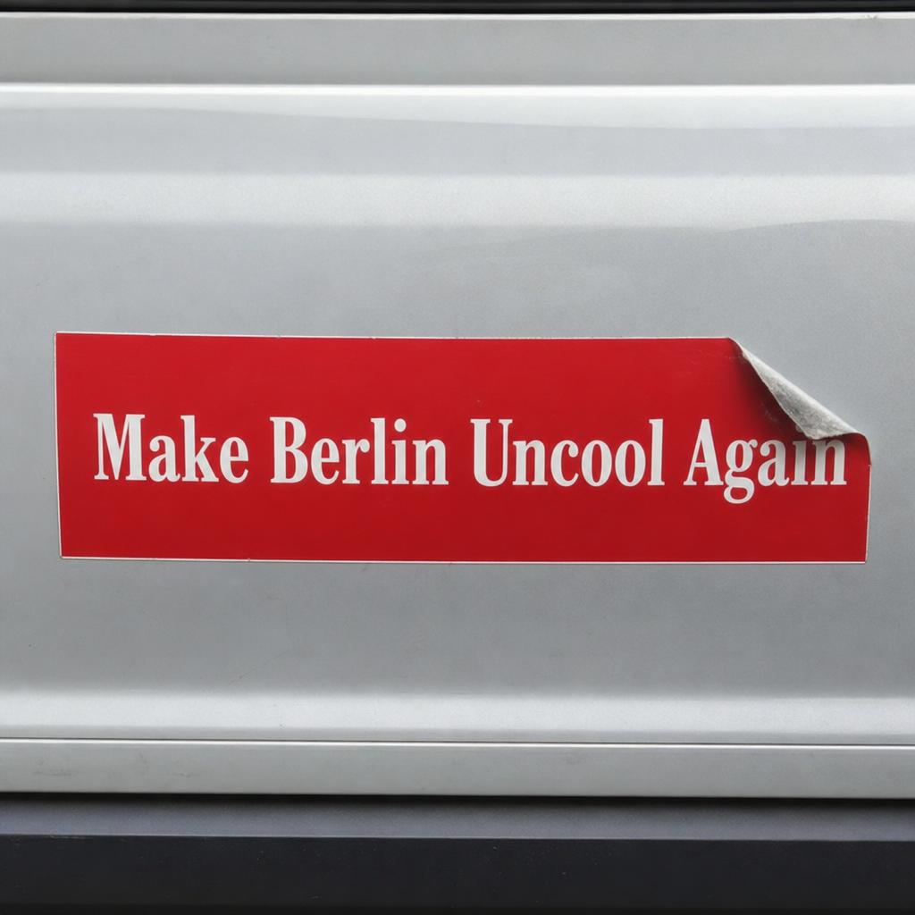 Red bumper sticker reading Make Berlin Uncool Again