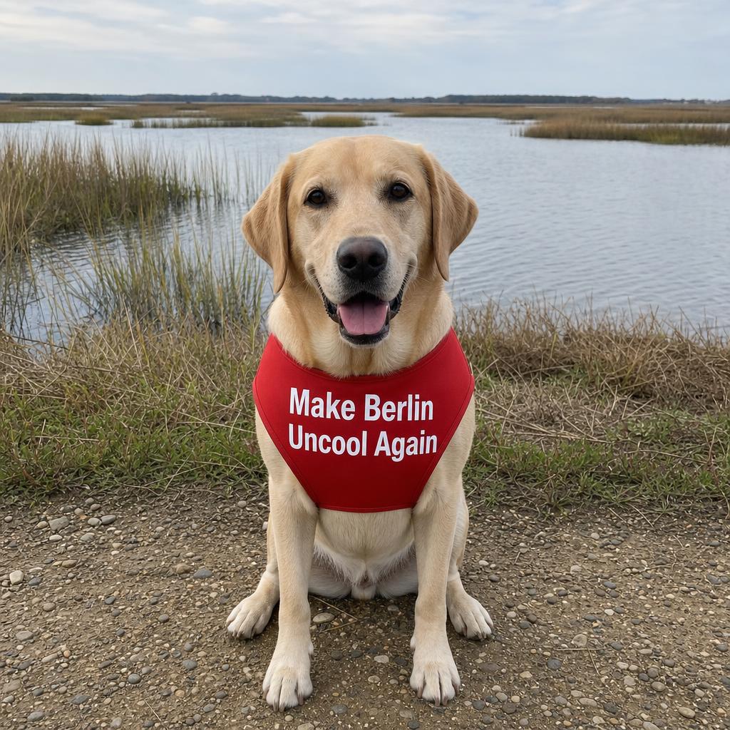 Red dog vest reading Make Berlin Uncool Again