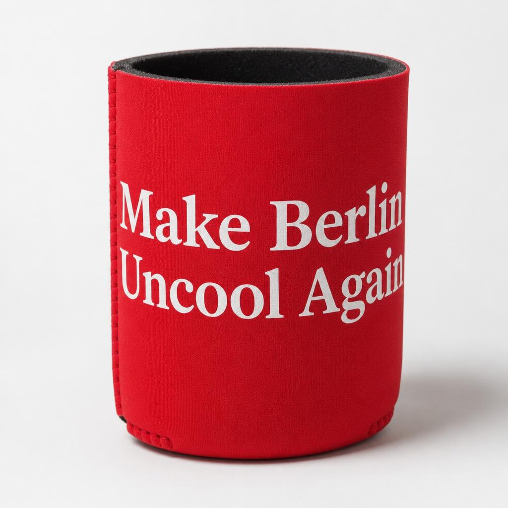 Red foam koozie reading Make Berlin Uncool Again