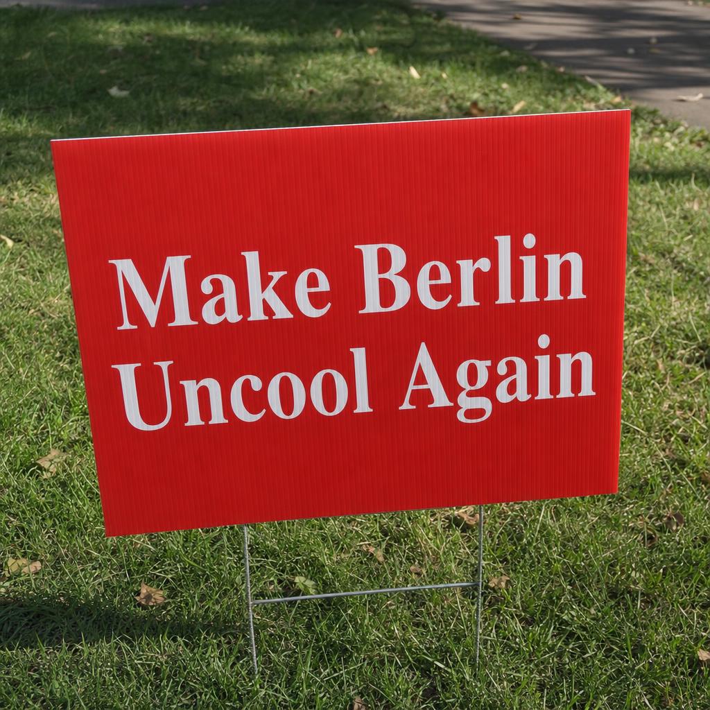 Red yard sign reading Make Berlin Uncool Again