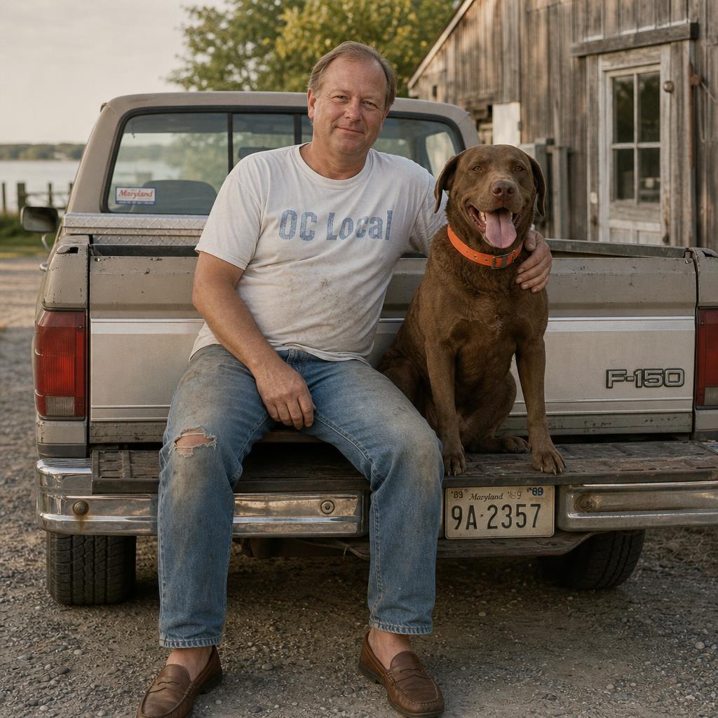 Purnell on the tailgate of his '89 F-150, dog beside him